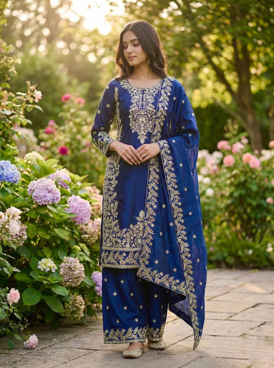 Premium Blue GMY Silk Top Plazzo Suit with Heavy Sequence Embroidery