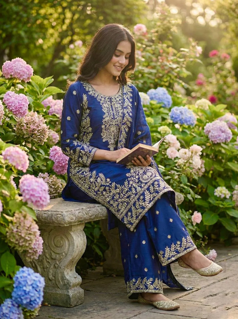 Premium Blue GMY Silk Top Plazzo Suit with Heavy Sequence Embroidery