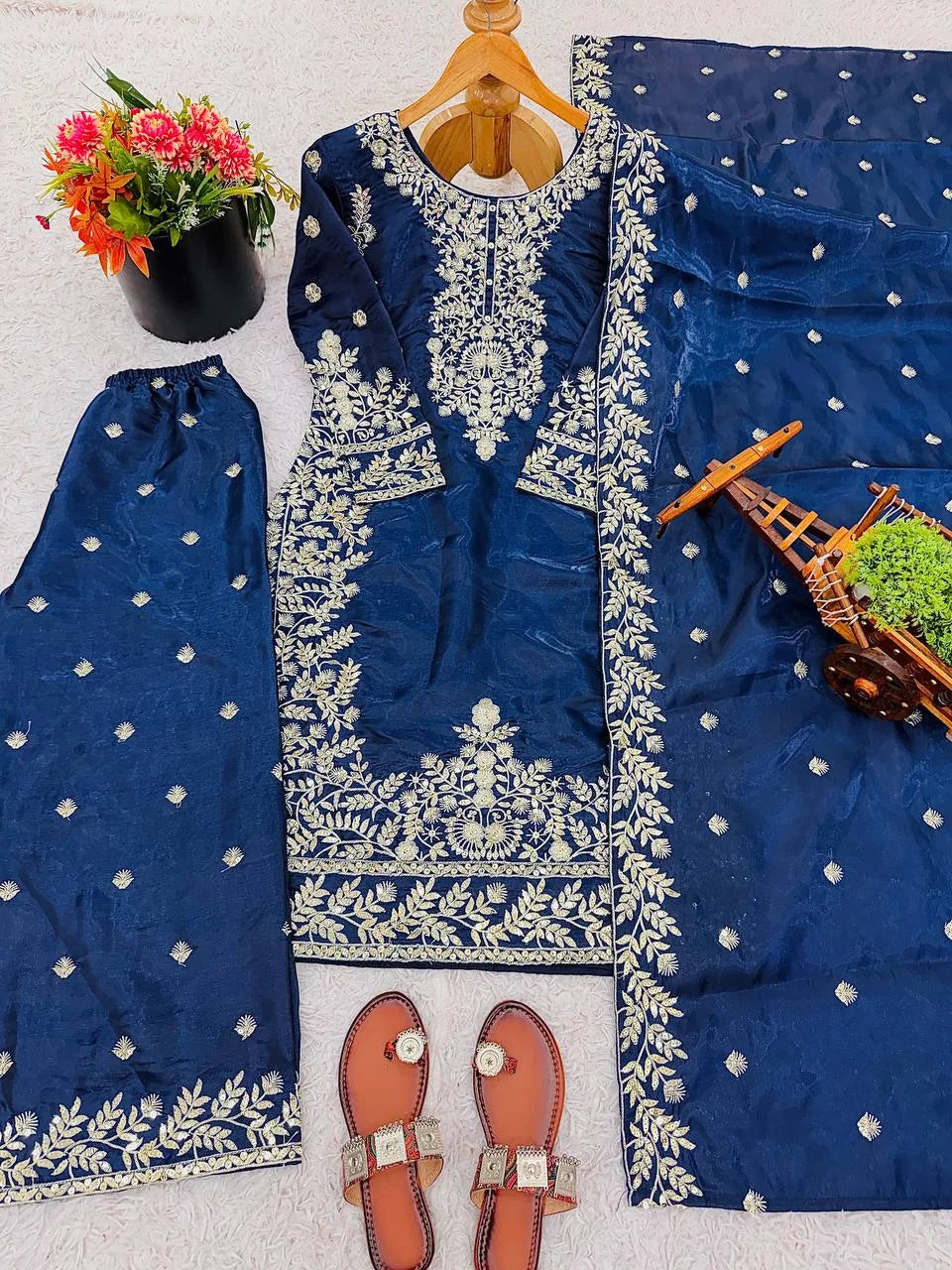 Premium Blue GMY Silk Top Plazzo Suit with Heavy Sequence Embroidery