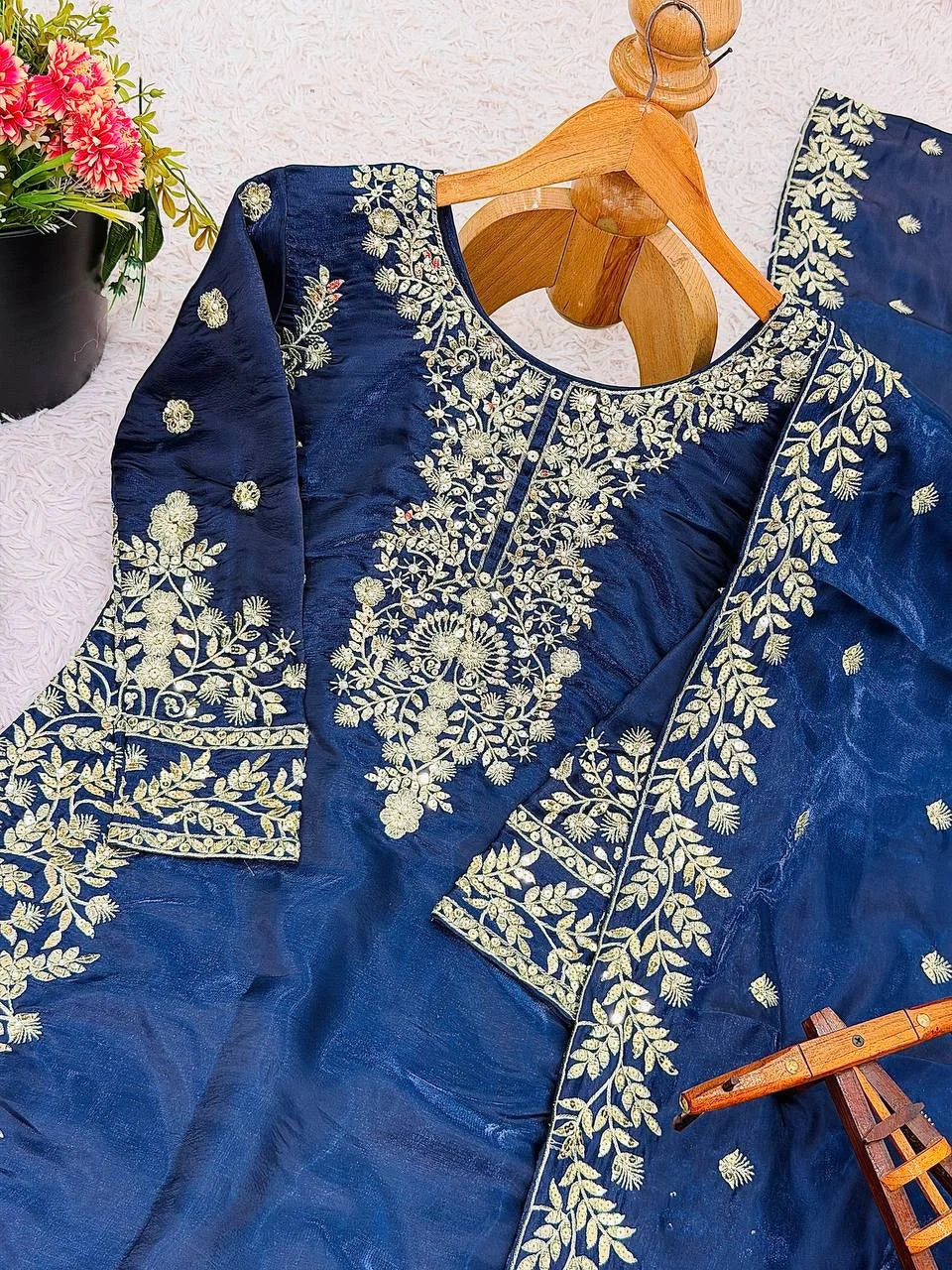 Premium Blue GMY Silk Top Plazzo Suit with Heavy Sequence Embroidery