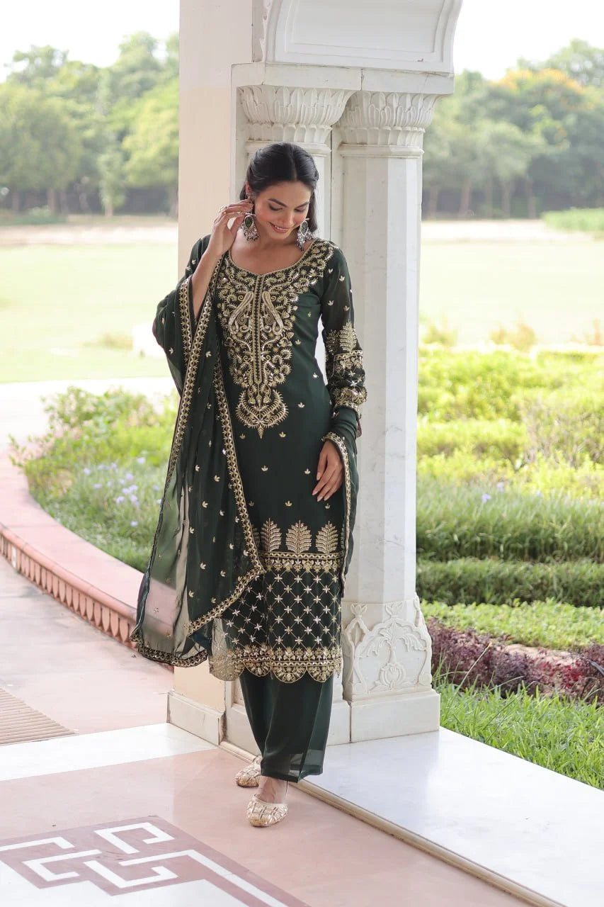 Faux Blooming Embroidered Kurti Pant Set with Sequence Dupatta