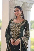 Faux Blooming Embroidered Kurti Pant Set with Sequence Dupatta