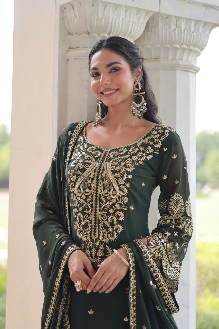 Faux Blooming Embroidered Kurti Pant Set with Sequence Dupatta