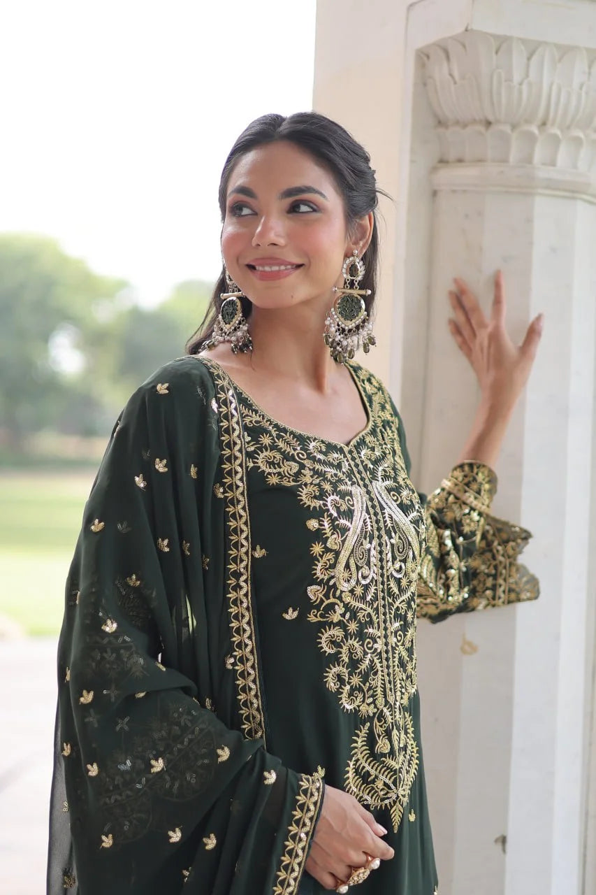 Faux Blooming Embroidered Kurti Pant Set with Sequence Dupatta