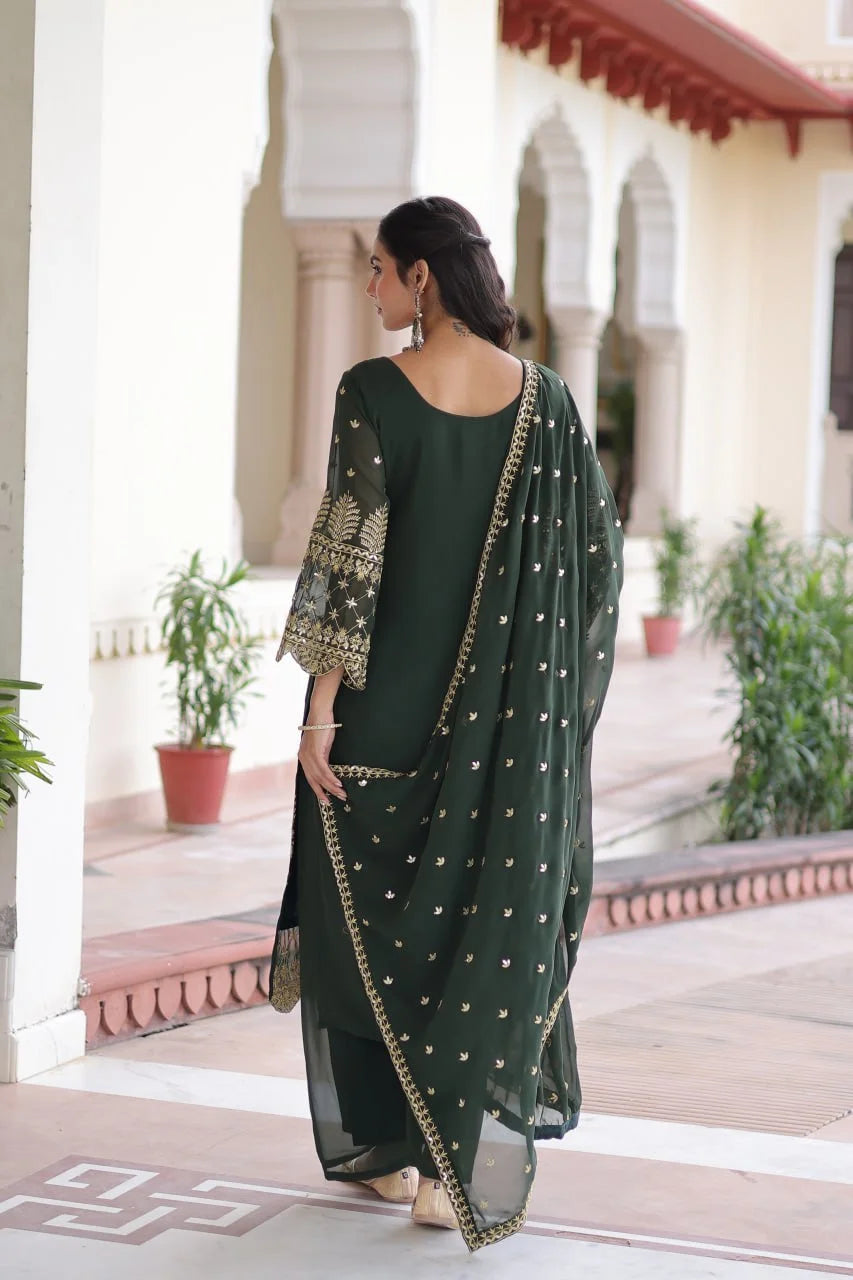 Faux Blooming Embroidered Kurti Pant Set with Sequence Dupatta