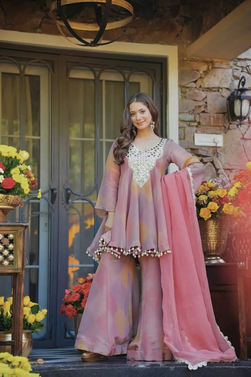 Party Wear Cosmos Silk Kurti Set with Real Mirror Work & Lace Dupatta