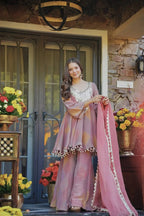 Party Wear Cosmos Silk Kurti Set with Real Mirror Work & Lace Dupatta