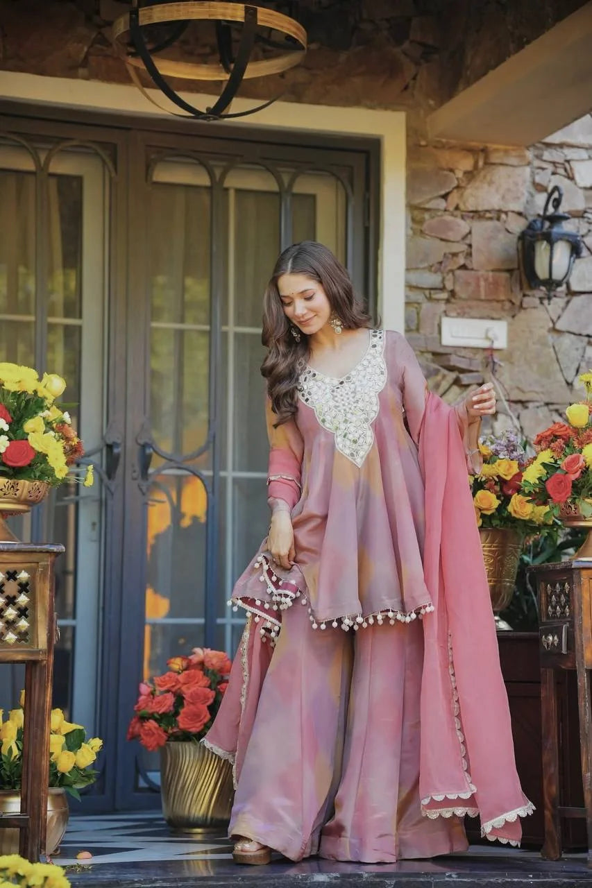 Party Wear Cosmos Silk Kurti Set with Real Mirror Work & Lace Dupatta