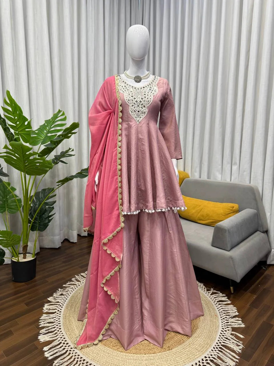 Party Wear Cosmos Silk Kurti Set with Real Mirror Work & Lace Dupatta