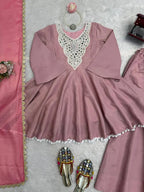 Party Wear Cosmos Silk Kurti Set with Real Mirror Work & Lace Dupatta
