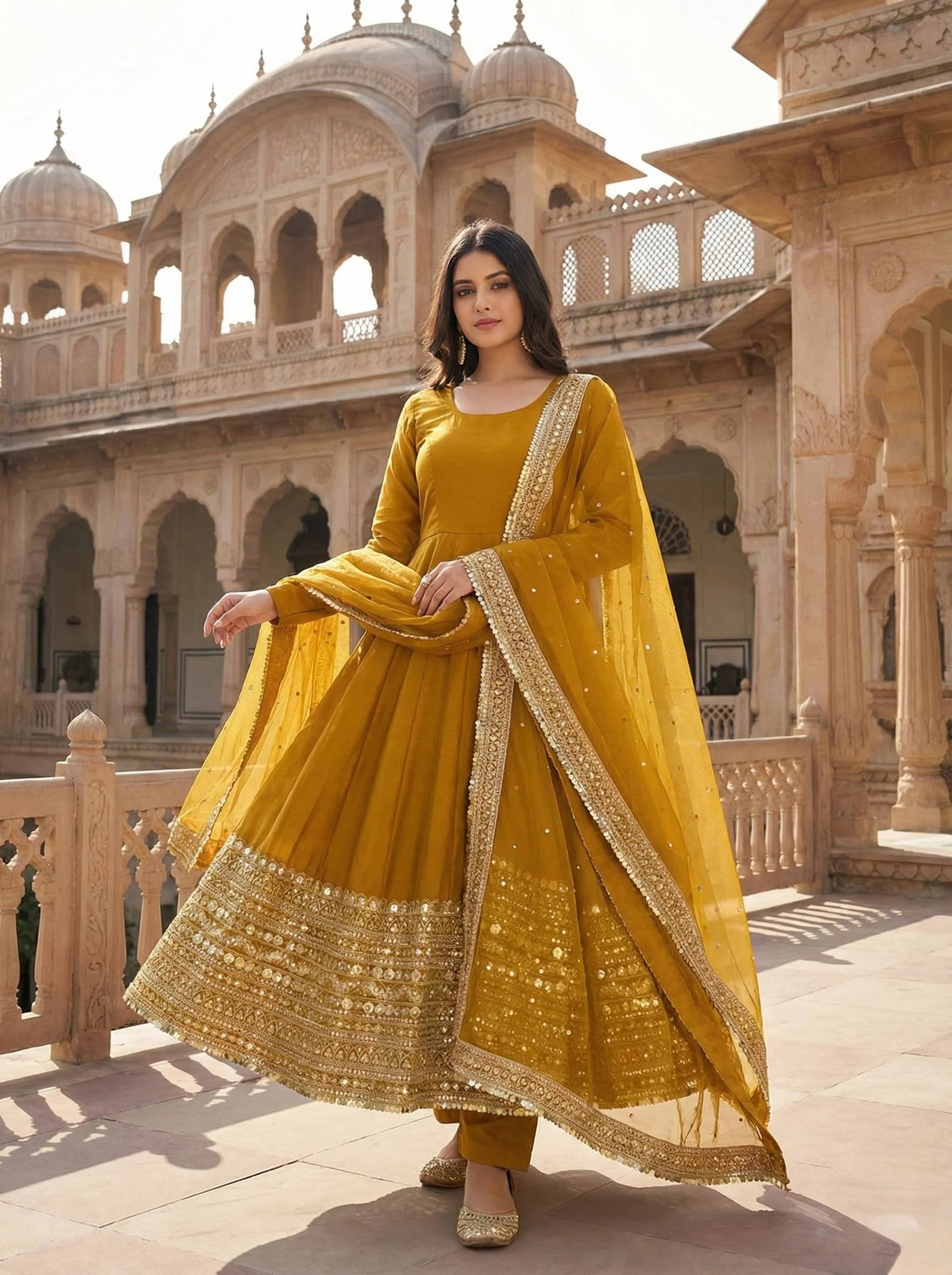 Sunshine Yellow Roman Silk Anarkali Suit with Sequence Embroidery