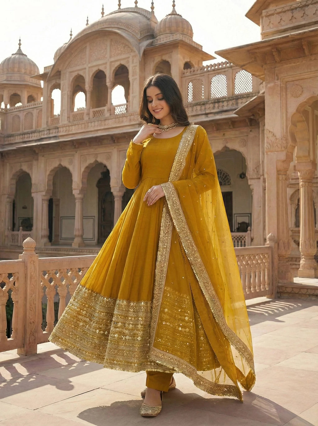 Sunshine Yellow Roman Silk Anarkali Suit with Sequence Embroidery
