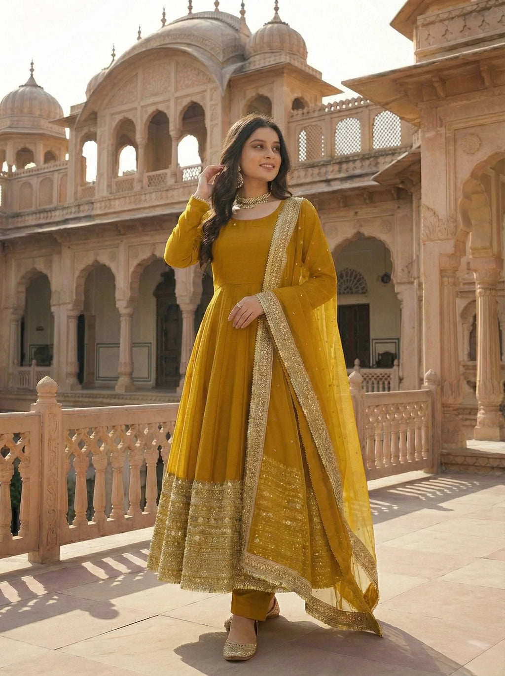 Sunshine Yellow Roman Silk Anarkali Suit with Sequence Embroidery
