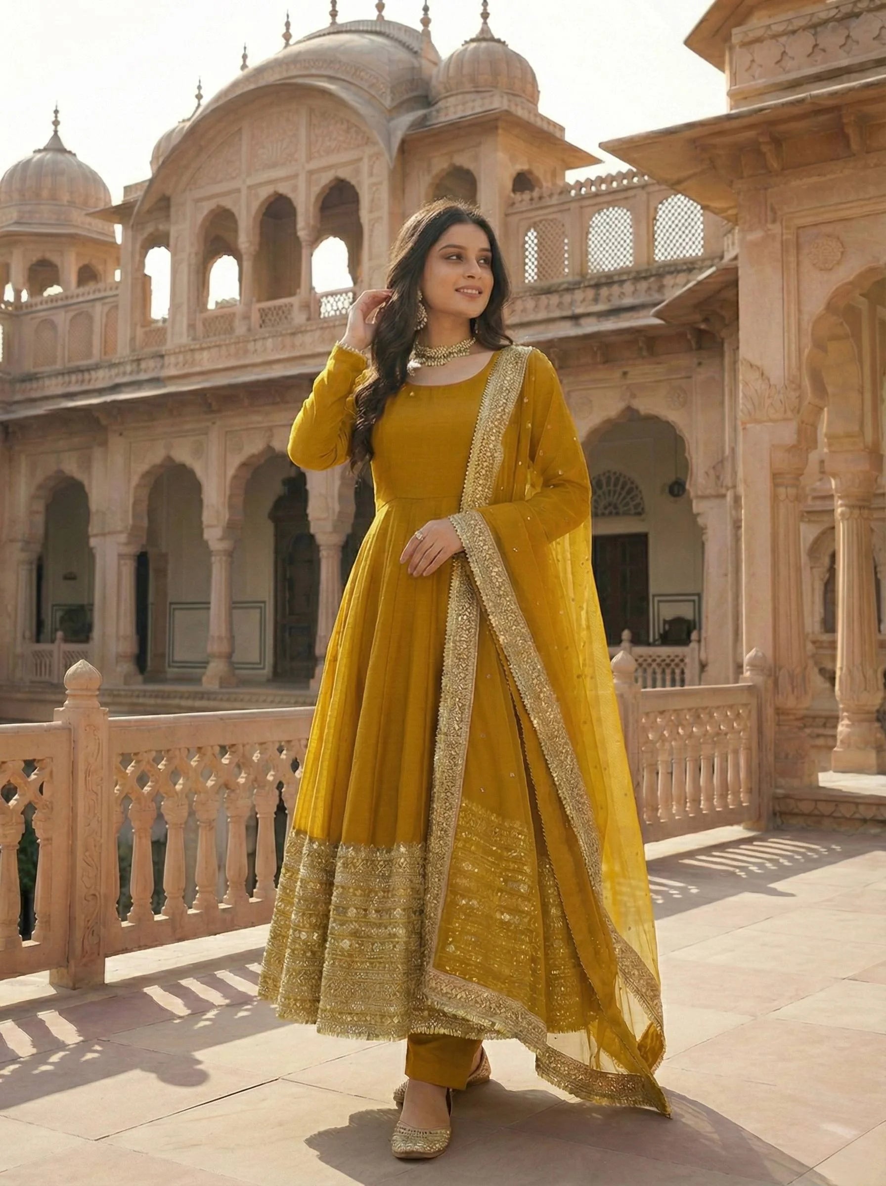 Sunshine Yellow Roman Silk Anarkali Suit with Sequence Embroidery