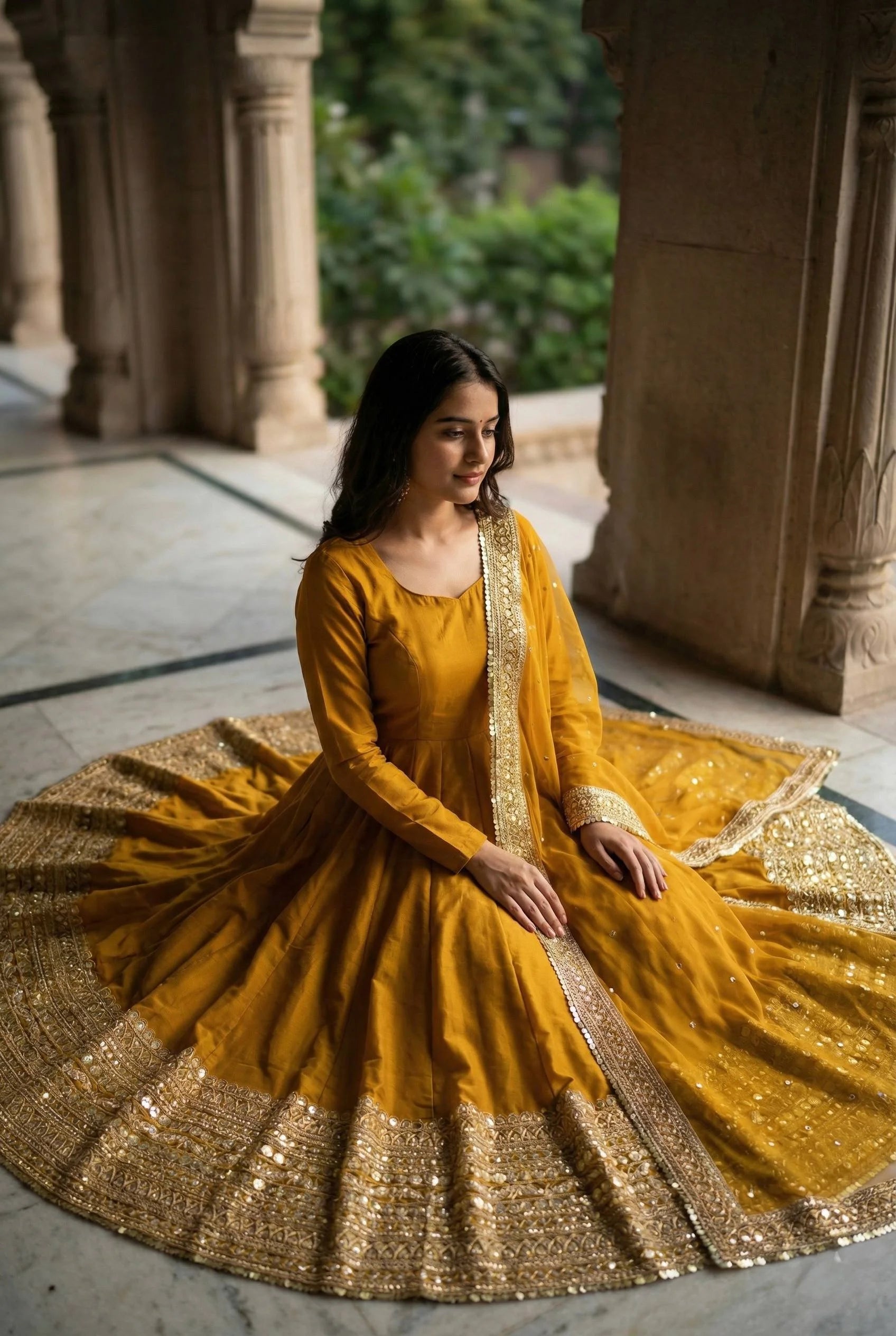 Sunshine Yellow Roman Silk Anarkali Suit with Sequence Embroidery