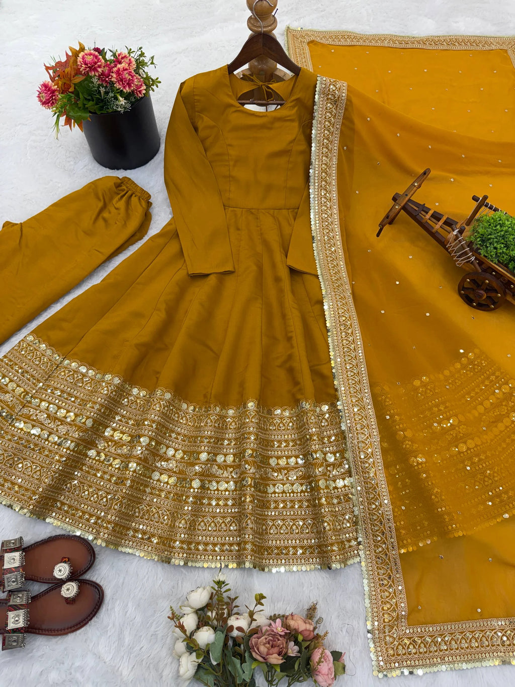 Sunshine Yellow Roman Silk Anarkali Suit with Sequence Embroidery