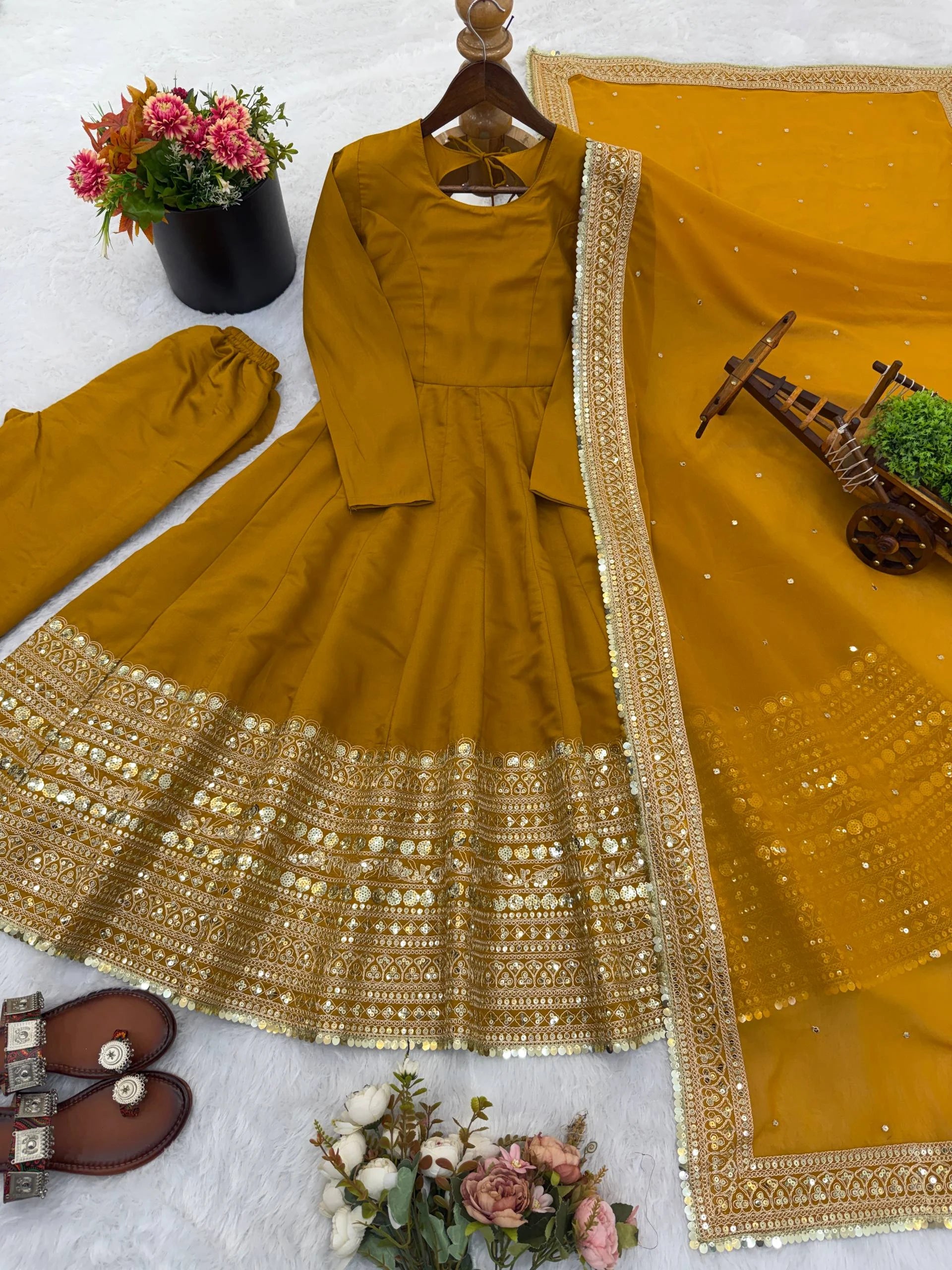 Sunshine Yellow Roman Silk Anarkali Suit with Sequence Embroidery