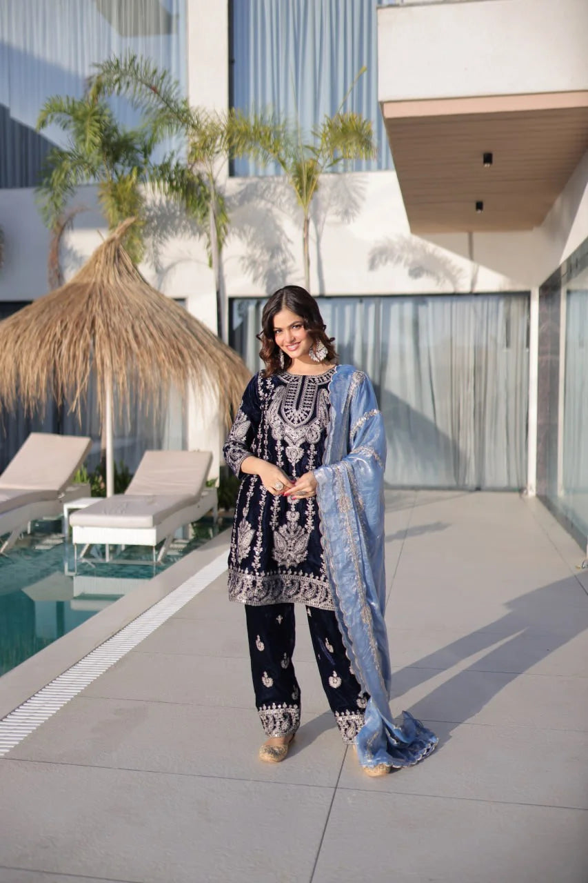 Luxury Velvet Top Pant Ensemble with Heavy Zari Work & Lace Dupatta