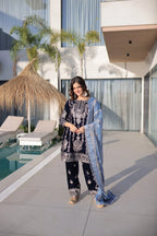 Luxury Velvet Top Pant Ensemble with Heavy Zari Work & Lace Dupatta