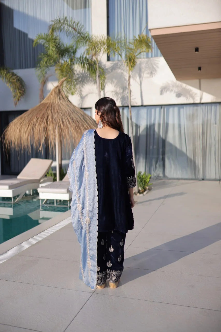 Luxury Velvet Top Pant Ensemble with Heavy Zari Work & Lace Dupatta