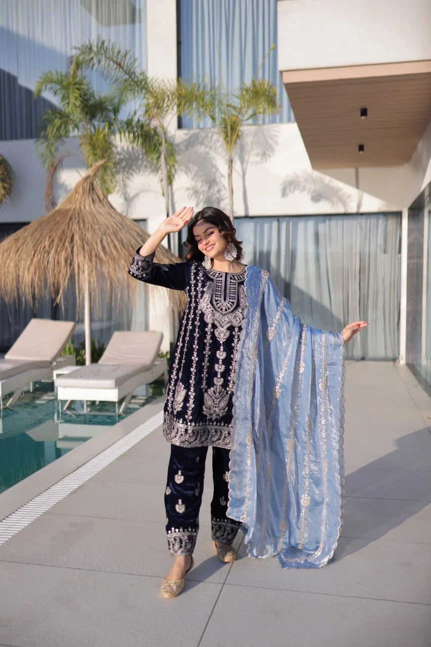 Luxury Velvet Top Pant Ensemble with Heavy Zari Work & Lace Dupatta