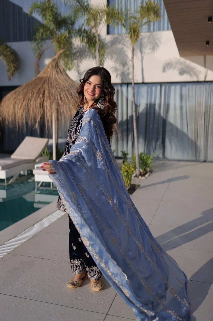 Luxury Velvet Top Pant Ensemble with Heavy Zari Work & Lace Dupatta