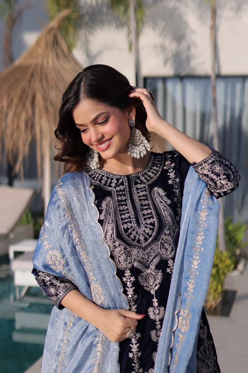 Luxury Velvet Top Pant Ensemble with Heavy Zari Work & Lace Dupatta