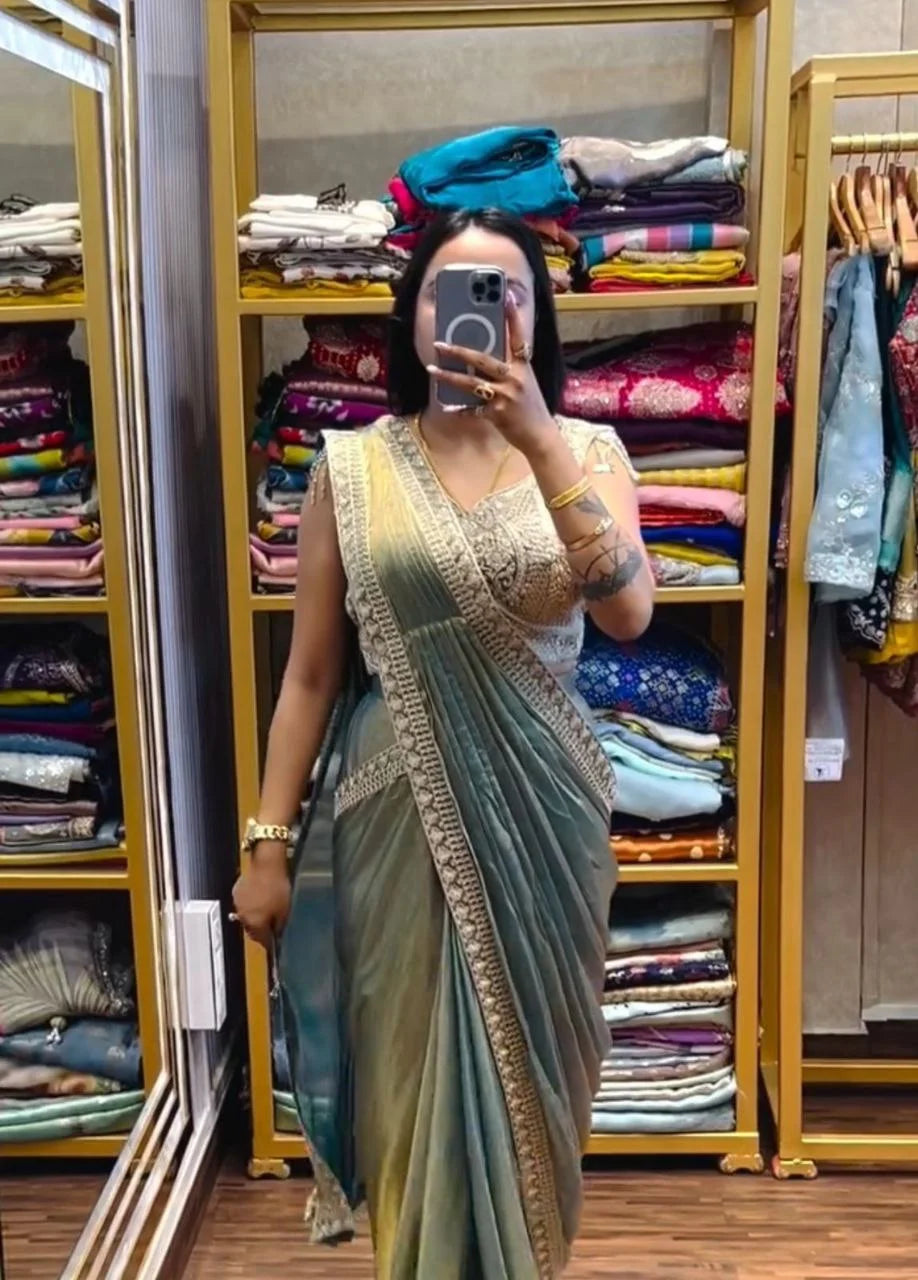 Chic Party Wear Satin Saree with Heavy Embroidered Blouse