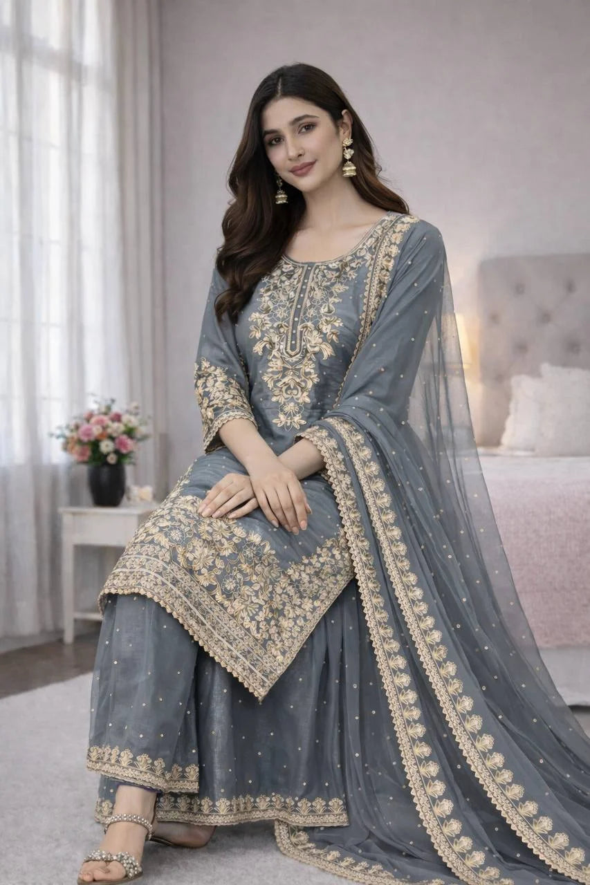 Luxury Gray Embroidered Outfit Kurti Plazzo Dupatta â€“ Eid Collection