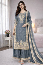 Luxury Gray Embroidered Outfit Kurti Plazzo Dupatta â€“ Eid Collection