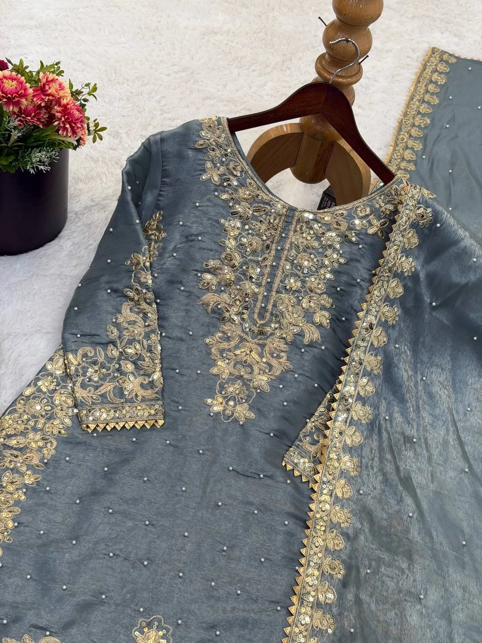 Luxury Gray Embroidered Outfit Kurti Plazzo Dupatta â€“ Eid Collection