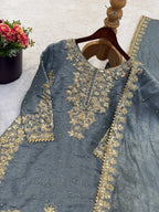Luxury Gray Embroidered Outfit Kurti Plazzo Dupatta â€“ Eid Collection