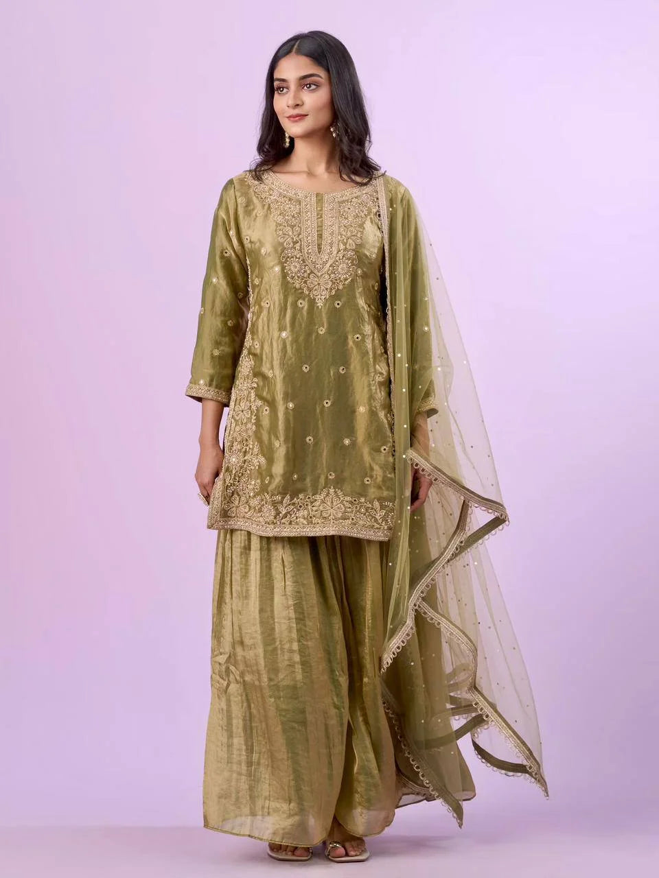 Designer Eid wear Green Fandy Silk Palazzo Set with Diamond Hand Work