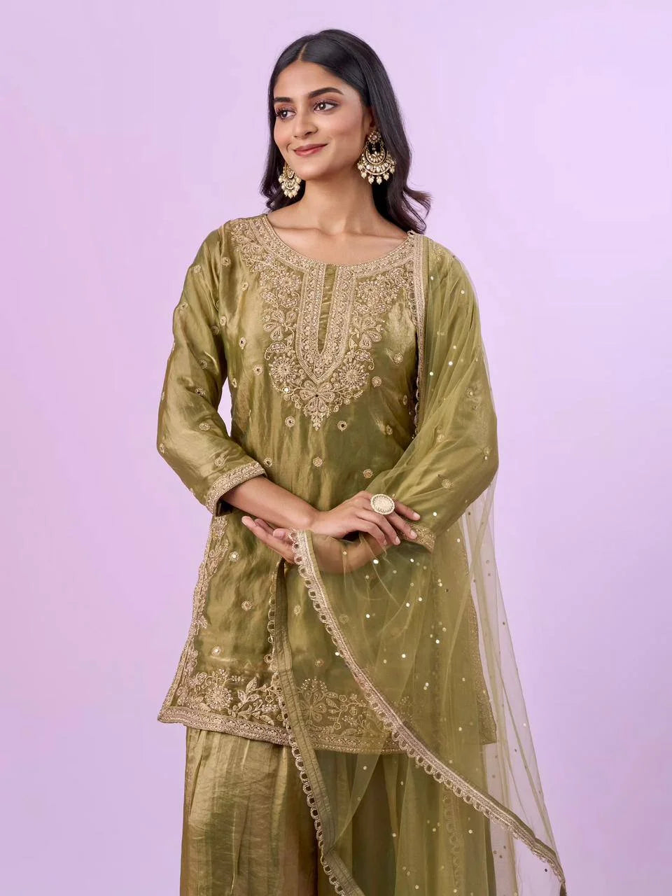 Designer Eid wear Green Fandy Silk Palazzo Set with Diamond Hand Work