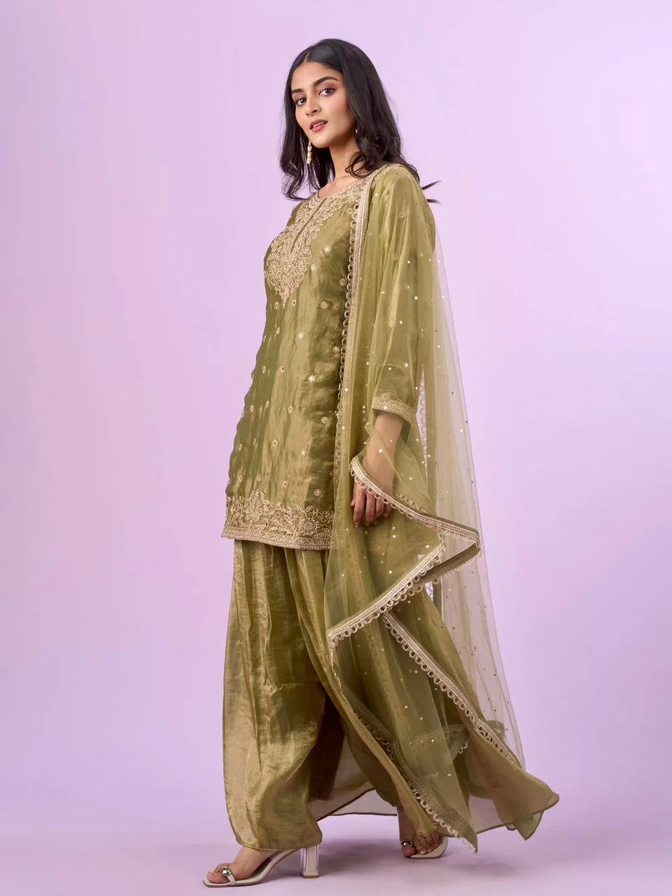 Designer Eid wear Green Fandy Silk Palazzo Set with Diamond Hand Work