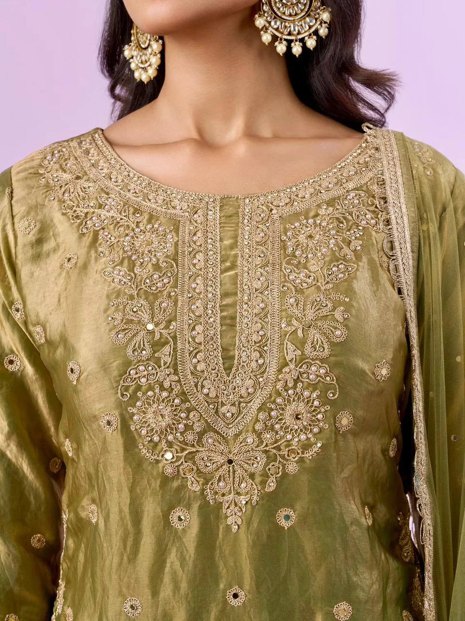 Designer Eid wear Green Fandy Silk Palazzo Set with Diamond Hand Work