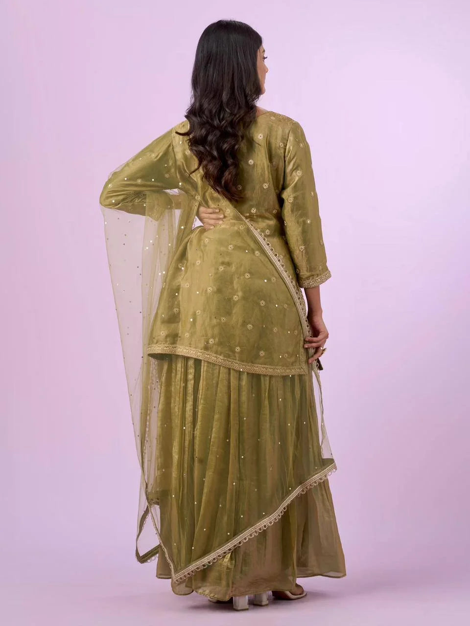 Designer Eid wear Green Fandy Silk Palazzo Set with Diamond Hand Work