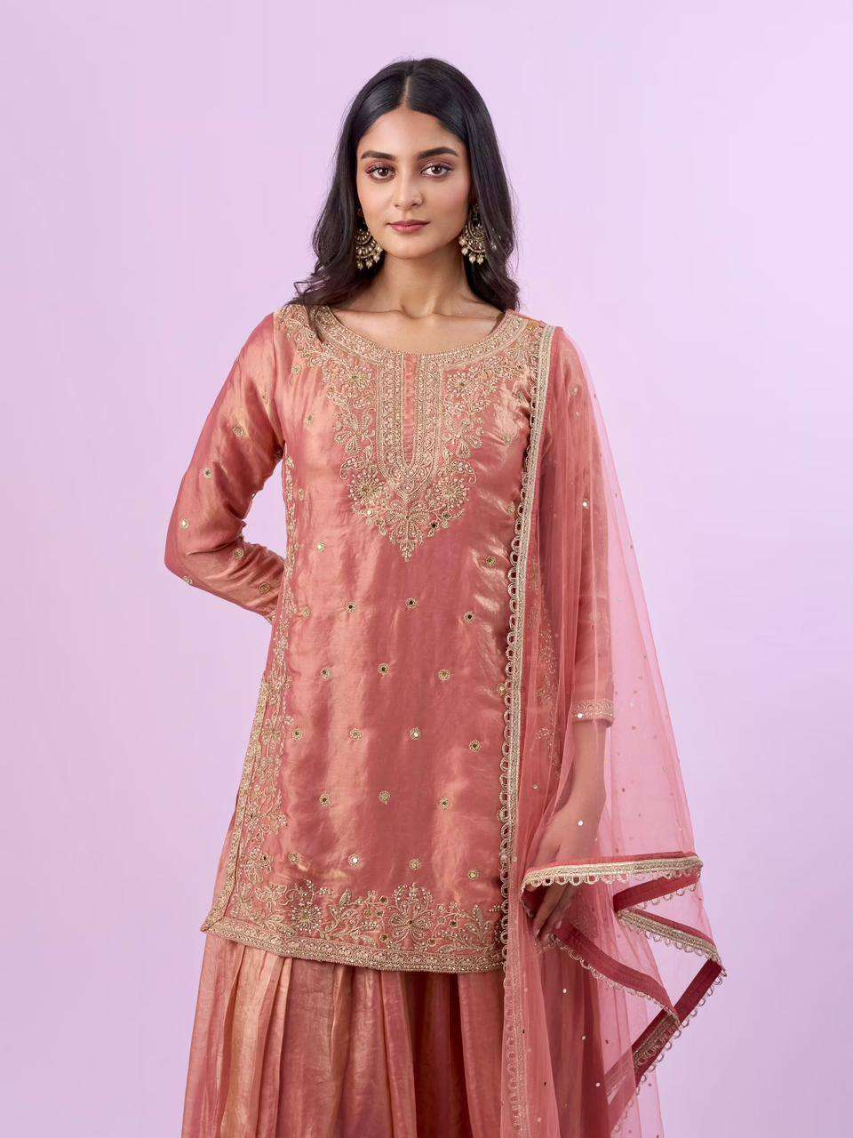 Peach Eid Party Wear Silk Plazzo Set with Sequence Embroidery