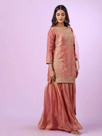 Peach Eid Party Wear Silk Plazzo Set with Sequence Embroidery