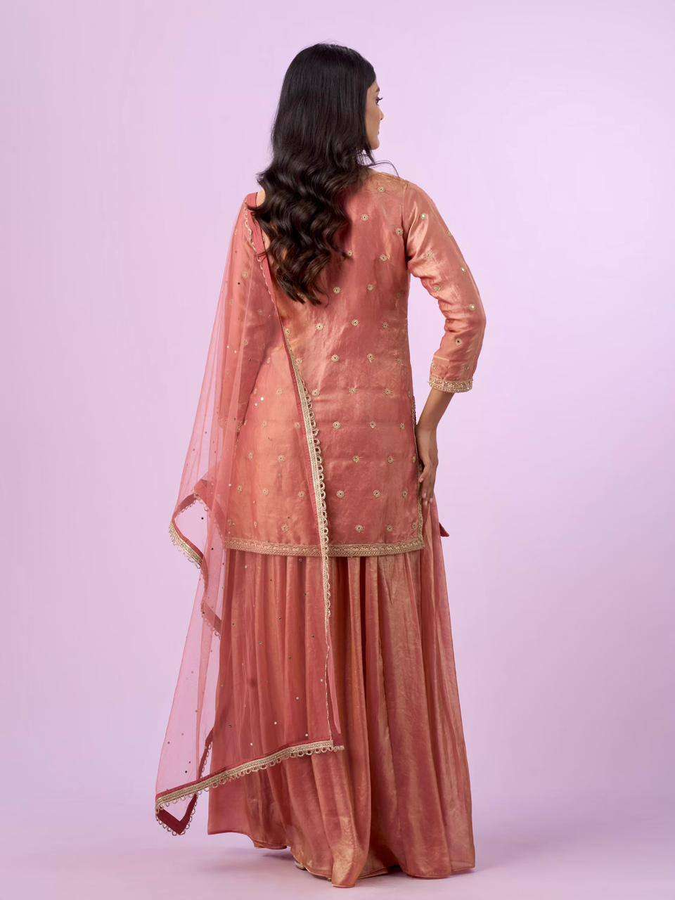 Peach Eid Party Wear Silk Plazzo Set with Sequence Embroidery