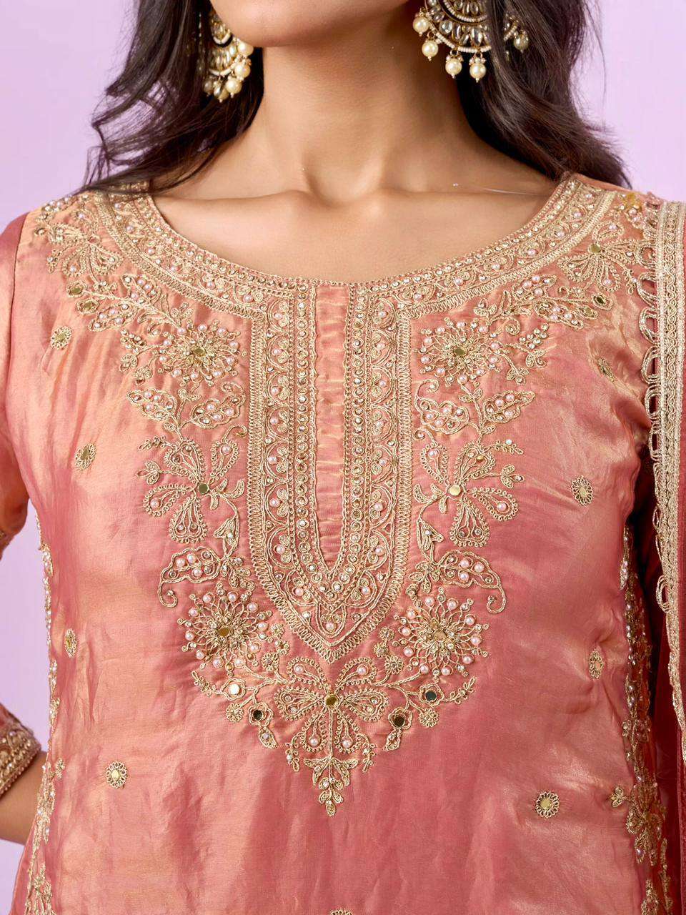 Peach Eid Party Wear Silk Plazzo Set with Sequence Embroidery