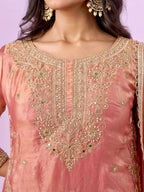 Peach Eid Party Wear Silk Plazzo Set with Sequence Embroidery