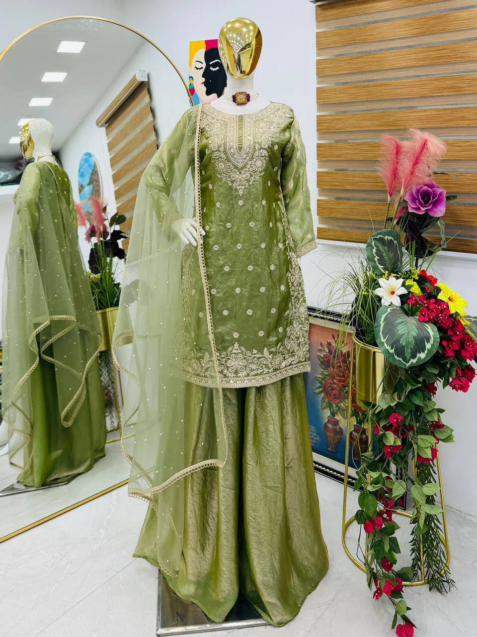 Designer Eid wear Green Fandy Silk Palazzo Set with Diamond Hand Work