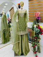 Designer Eid wear Green Fandy Silk Palazzo Set with Diamond Hand Work