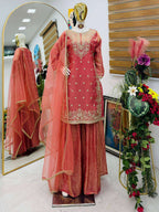 Peach Eid Party Wear Silk Plazzo Set with Sequence Embroidery