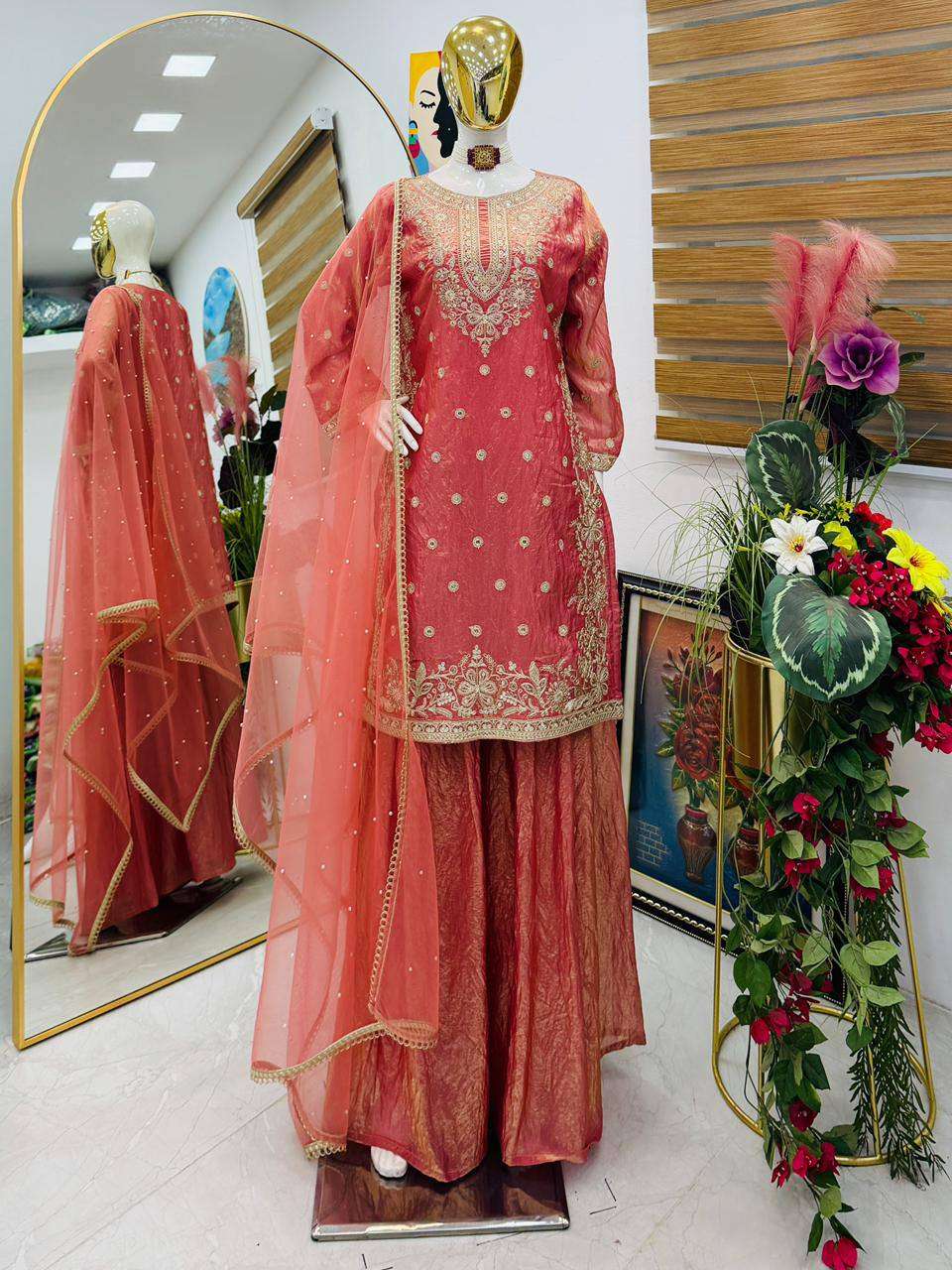 Peach Eid Party Wear Silk Plazzo Set with Sequence Embroidery