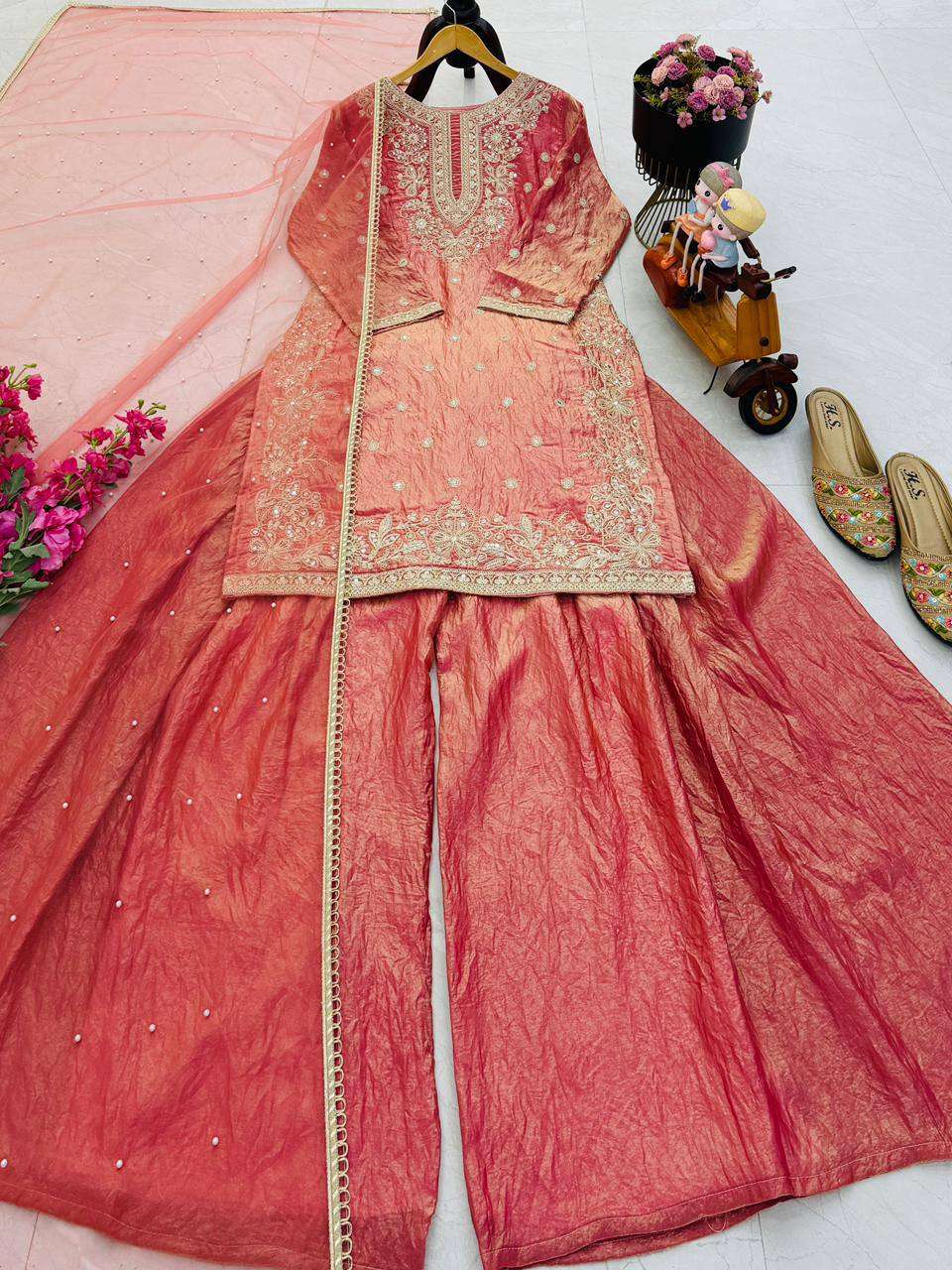 Peach Eid Party Wear Silk Plazzo Set with Sequence Embroidery