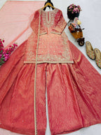 Peach Eid Party Wear Silk Plazzo Set with Sequence Embroidery