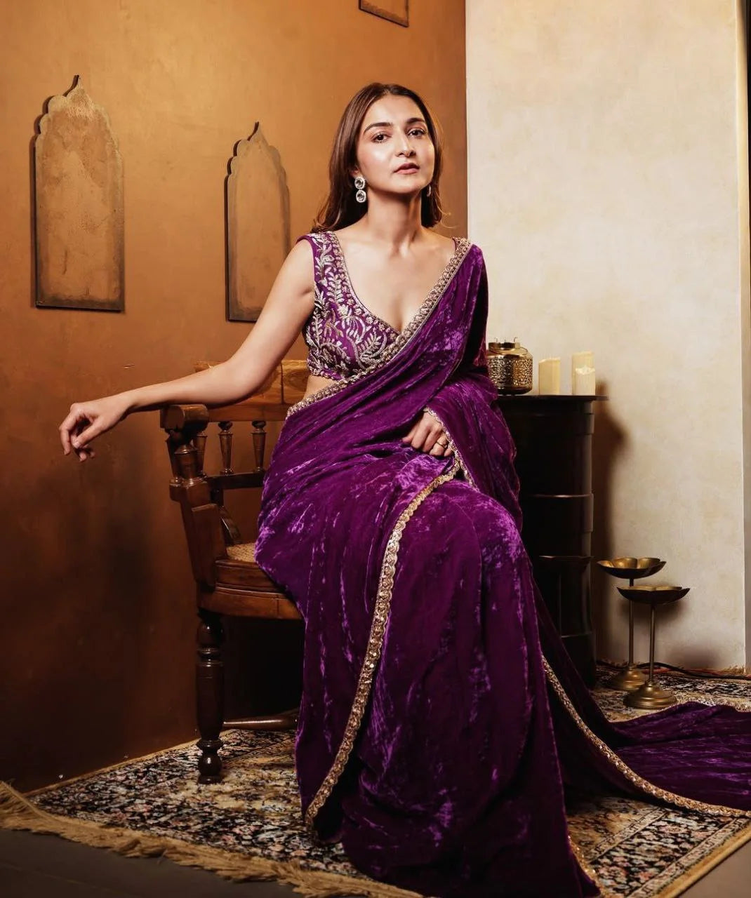 Royal Party Wear Velvet Saree with Sequins Embroidered Blouse