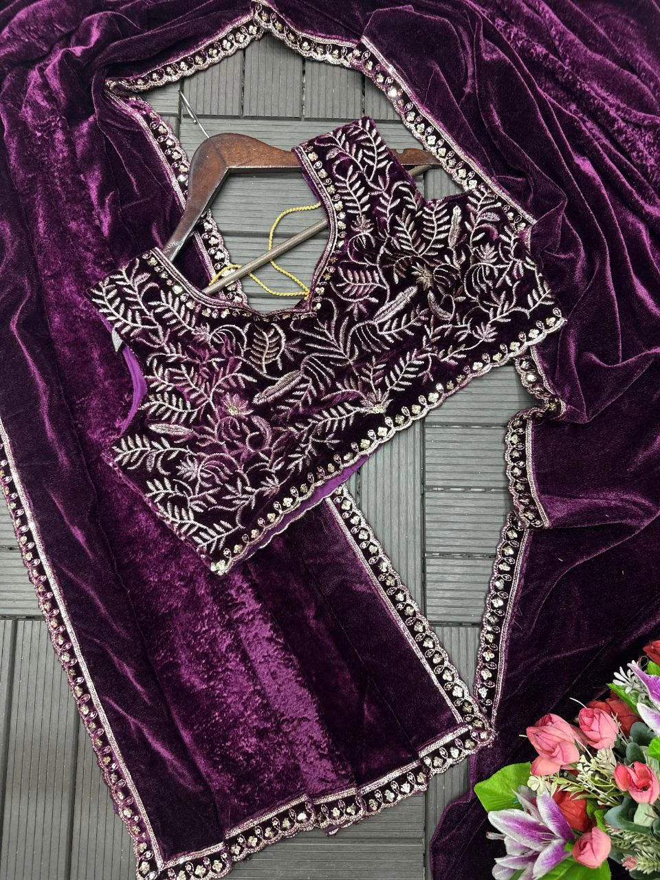 Royal Party Wear Velvet Saree with Sequins Embroidered Blouse